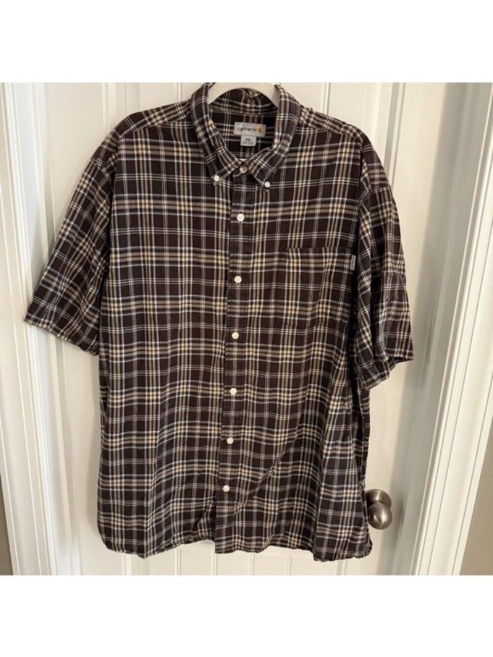 Carhartt S277 Short Sleeve Plaid Shirt XXL Brown Cotton Button Front Workwear